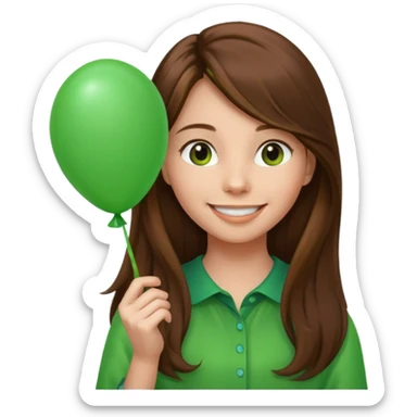 girl with long brown hair, holding green balloon sticker