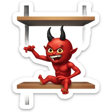 Red horned Satan doll swinging legs falling off a shelf  sticker