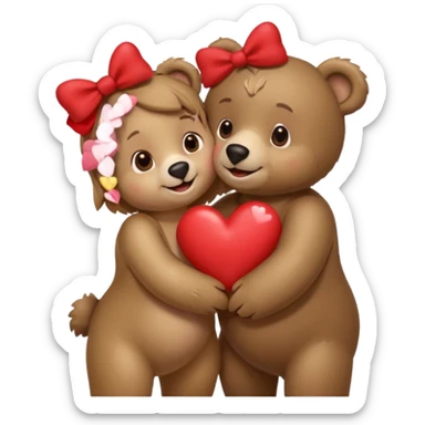 female bear with bow on her head and male bear hugging, couple, surrounded by hearts, playful and loving, cute, same height  sticker