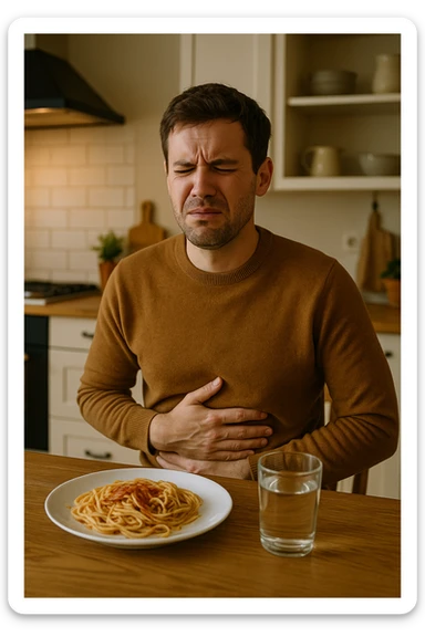 a man sits at a dining table, looking uncomfortable and holding his stomach after eating a plate of pasta. His expression shows mild pain or bloating. On the table, there’s a half-eaten plate of spaghetti, and a glass of water. The background is a cozy kitchen, but the focus is on the man’s discomfort.

 sticker