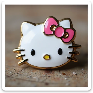 realistic Hello Kitty hair pin shaped like Hello Kitty's face with a pink bow, shiny enamel and metal, photographed on a white background sticker