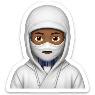 All white ninja robe with no black with white ski mask to cover face and neck with a hoodie on and dark brown skin color sticker