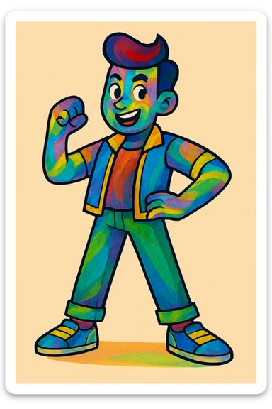 Make the man's skin colorful, with vibrant, lively hues and a playful, artistic look, keeping the energetic style and expression. sticker