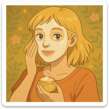 Add a skincare facial mask on the blonde woman with a nose piercing, keep the ghibli style. sticker