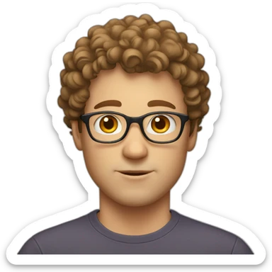 white man with short brown curly hair wearing dorky tshirt sticker