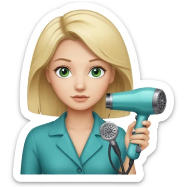 Blonde bob girl hair stylist with blue green eyes holding a hair dryer sticker