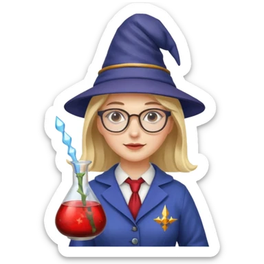 woman scientist with glasses, wearing wizard hat custome, with glass vase, red sticker