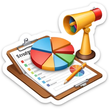 An icon featuring a pie chart, a megaphone, and a clipboard with strategy plans, symbolizing management and marketing. The design includes upward-trending graphs set against a modern office backdrop. Transparent background emphasizes business strategy and communication. sticker