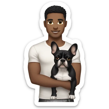 athletic light skin male with short black hair holding a brindle colored french bulldog sticker