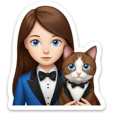 Long brown hair blue eye girl holding a tuxedo cat sticker