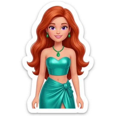 PJ from Barbie and Friends with violet eyes, long red hair, sea green metallic sweetheart crop top, sea green metallic assymetrical long skirt, green necklace and earrings sticker