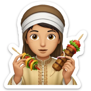 young Lebanese person in traditional arabic outfit eating kebab sticker