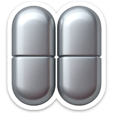 capsule pill emoji, metallic silver halves, smooth glossy finish, futuristic pharmaceutical 3D icon, isolated on white sticker