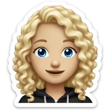 blonde curly girl with blue eyes, in black hoodie, smile sticker