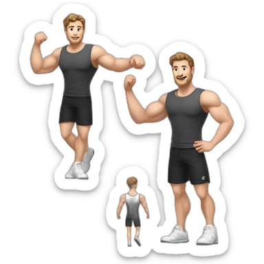 Full height realistic Actively gesturing with hands Pale skinned Fit Man With the biceps and brown hair in dark gray Sleeveless Mike, black oversize sports shorts, watch and white Sneakers sticker