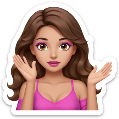 girl with long wavy brown hair, brown eyes, long lashes makeup, sexy pink lips, light to medium complexion, pink sexy top, two hands up shrugging sticker