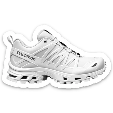 Completely all-white Salomon XT-6 shoes with no colored details whatsoever, one positioned behind the other, pure white minimalist design, iOS emoji style sticker