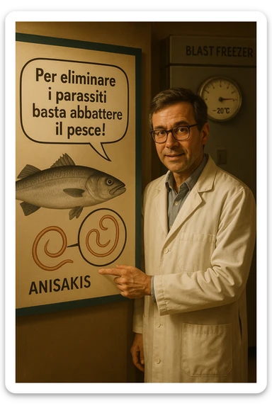cinematic a scientist in a white lab coat stands beside a large poster showing a fish and a diagram of the Anisakis parasite. The scientist points to a speech bubble that says, “Per eliminare i parassiti basta abbattere il pesce!” In the background, a blast freezer is visible, with a temperature gauge set to -20°C. The mood is informative and reassuring. In italiano sticker