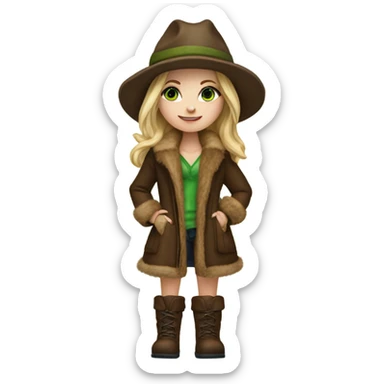 Realistic White girl with Long straight blonde hair, green eyes, tattoos, full body wearing Brown fur coat and fur hat and Brown leather boots, walking sticker