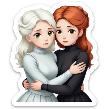 two Victorian women with light eyes, one with bright white coiffed hair and one with dark copper coiffed hair, wearing Victorian turtleneck dresses, embracing in a sad, intimate hug sticker