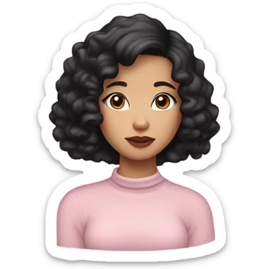 A girl with Asian features, fair skin, brown eyes, a mole, two m oles under each eye, slightly curly black hair, wearing a black turtleneck, and full lips. Curly shoulder-length hair, fair skin, softly pink lips, brown eyes, and Asian-shaped eyes. sticker