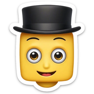 this is an emoji with yellow skin. with blocky head. with big eye and big mouth. and a black top hat. sticker
