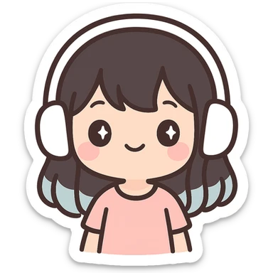 girl with medium black hair with blue tips wearing white headset, kawaii style sticker