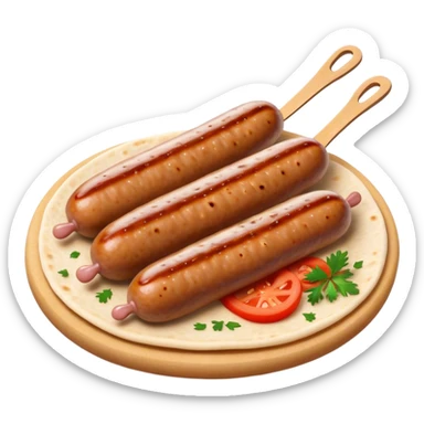 Cevapi Cinematic Realistic Cevapi Dish Emoji, depicted as modest, short, skinless sausages served with traditional flat bread, rendered with realistic textures and rustic, inviting lighting. sticker