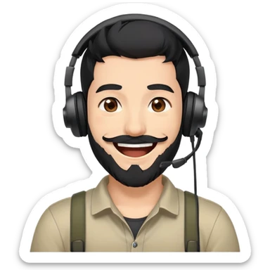 anime style laughing man with black hair, brown eyes, black beard wearing gaming headset sticker