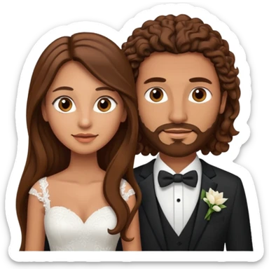 wedding couple woman with long straight brown hair and eyes man with long brown curly hair and facial hair sticker