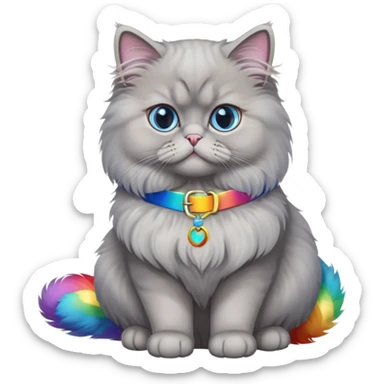 gray Persian cat full body sitting with blue eyes and rainbow belt sticker