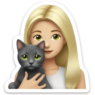 Girl with blonde hair and hazel eyes holding a dark grey cat with light green eyes sticker