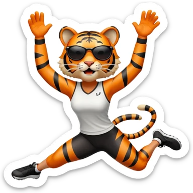 female energetic anthropomorphised tiger in sports clothes, wearing dark sunglasses, jumping with excitement, arms raised sticker