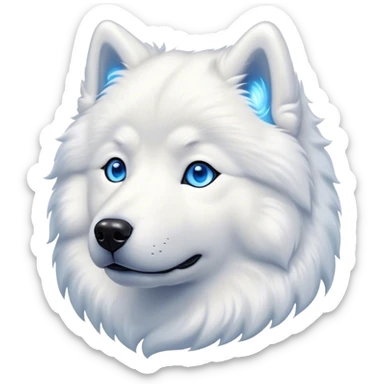 Cinematic Noble Samoyed Portrait Emoji, Poised and regal, with a majestic, sturdy build and a luxuriously fluffy pure white Fur, deep-set soulful blue eyes, Simplified yet sharp and sophisticated features, highly detailed, glowing with a soft, dignified glow, high shine, intelligent and gentle, stylized with an air of elegance, focused and attentive, soft glowing outline, capturing the essence of a watchful and confident companion, so majestic it feels as though it could bound out of the screen with effortless authority! sticker