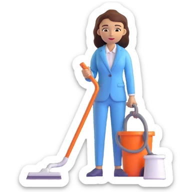 light-skinned woman in a light blue suit cleaning sticker
