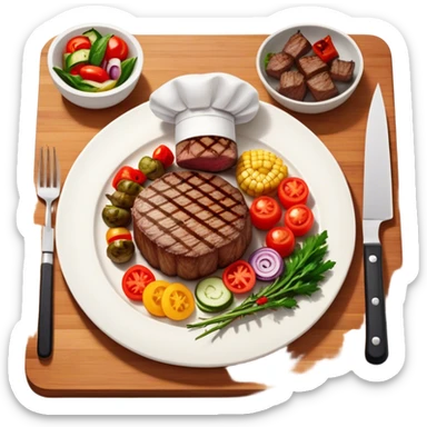icon featuring cooking: a chef's hat, a cutting board with fresh ingredients, a knife, a plate with a well-plated dish, a beautiful ribeye beef steak, and beautifully arranged shashlik skewers placed across. Bright, detailed design with realistic textures and lighting. Transparent background. sticker