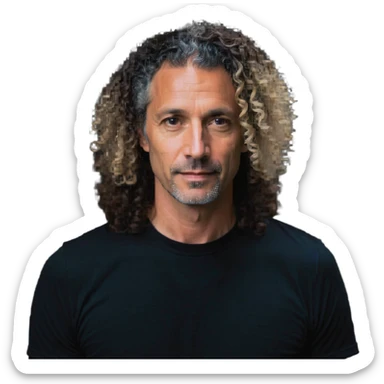 white man in his 40s with long tight curly hair and short sides sticker