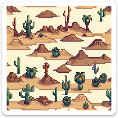 desert tile set with sand dunes, cacti, rocky formations, oasis with palm trees, desert shrubs, and ancient ruins sticker