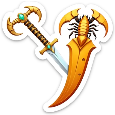 desert dagger object icon, scorpion-shaped guard, glowing amber gem in handle, tribal desert carvings, fantasy style, 3D cartoon, mobile game icon style, centered, clean background, no text, no watermark
 sticker