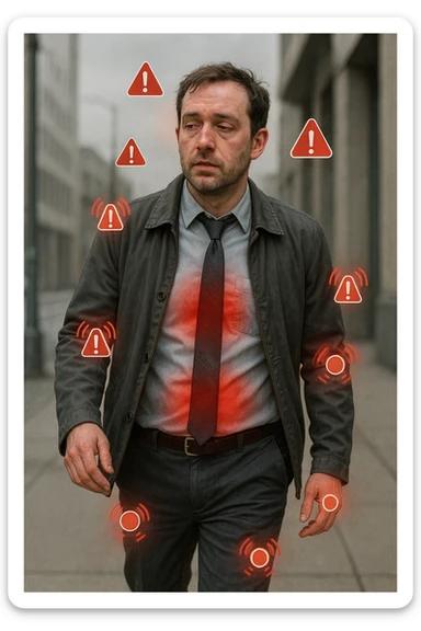 Uomo di circa 35 anni in giacca e cravatta, cammina deciso mentre il suo corpo invia segnali visibili: zone arrossate su addome, testa e articolazioni, occhi stanchi, pelle spenta. Intorno a lui appaiono simboli di allarme (come piccole icone rosse di dolore o stanchezza), ma lui guarda altrove con espressione indifferente o distratta. Sfondo urbano, giornata grigia, atmosfera di disconnessione mente-corpo. Stile realistico con accenti metaforici. sticker