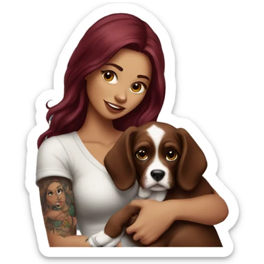 Beautiful tattooed  burgundy long haired woman holding a boxer puppy sticker