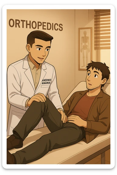 fai un webtoon manga a colori con questo stile, in cui un uomo è steso sul lettino medico e il kinesiologo con il camice bianco (fagli anche la scritta "ANTONIO ANANIA" SUL CAMICE, gli solleva una gamba per fargli il test neuromuscolare, IL KINESIOLOGO SPIEGA ALL'UOMO UNA cosa mentre gli alza la gamba. non fare i fumetti però, fai solo in modo che sembri stiano parlando sticker