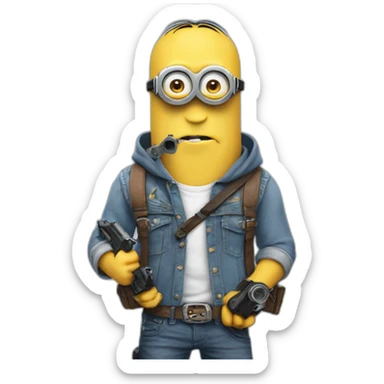 a minion in a sleeveless denim shirt with a hood with a tattoo on his hands holds two pistols sticker