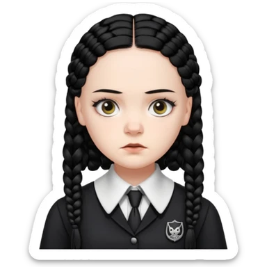 Draw Wednesday Addams (Jenna Ortega) with pale skin, black braids, dark uniform, white collar & intense stare. sticker