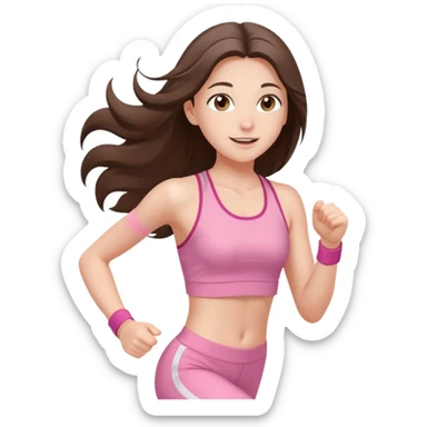 white happy brunette teen long hair with hazel eyes in light pink workout clothes jogging through finish line sticker