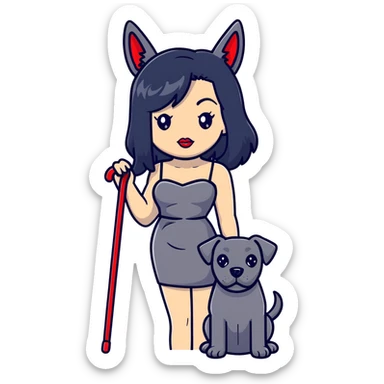 Fashionable woman in sling dress with long black hair, big red lips, and Cane Corso dog ears and short tail sticker