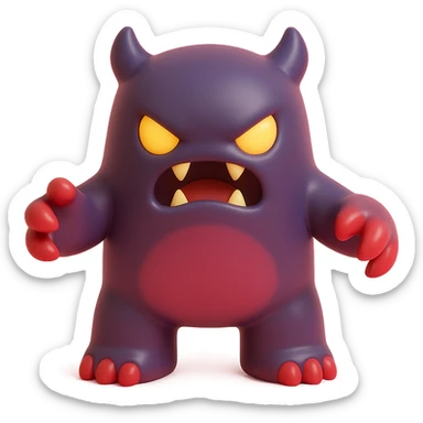 angry monster with sharp claws, glowing eyes, fierce snarl, dark purple and red palette sticker