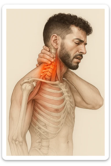 Uomo con dolore per infortunio vista anatomica in piedi con dolori cervicali sticker