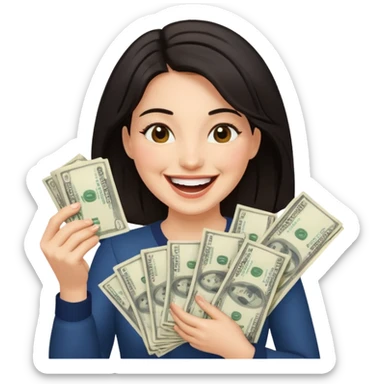 laughing dark haired woman holding lots of money sticker