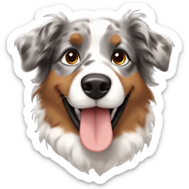 Australian Shepherd with a merle coat (gray, black, and tan), bright brown eyes, big smile, fluffy slightly perked ears, red collar with tags, and front paws crossed elegantly. sticker